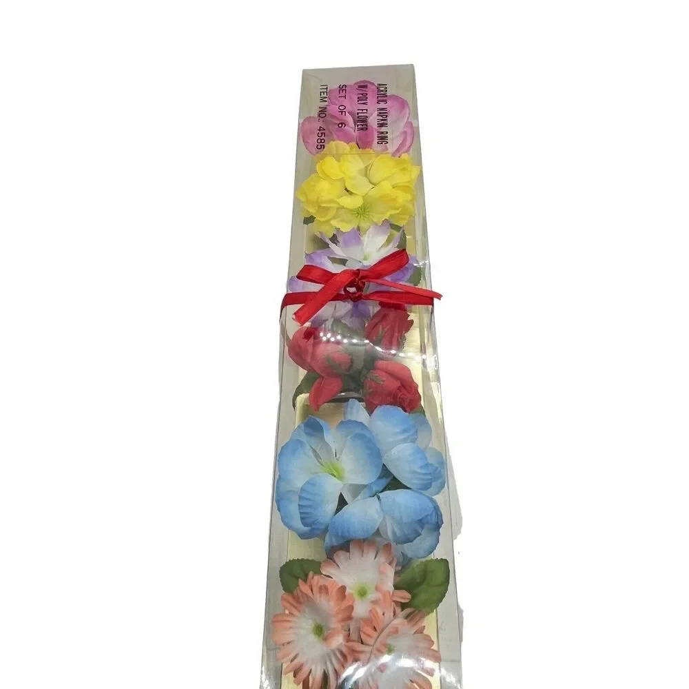 Napkin Rings Vintage Acrylic with Fake Flowers Retro 60s in Box (Box Flawed) New